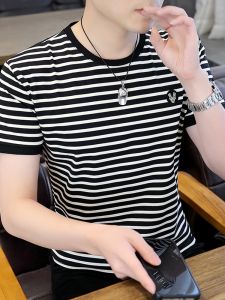 ROMON | Lormen Mens Pure Cotton Short Sleeve T-Shirt Summer Thin Round Neck Striped Half Sleeve Dad Top Ice Silk Sea Soul Shirt