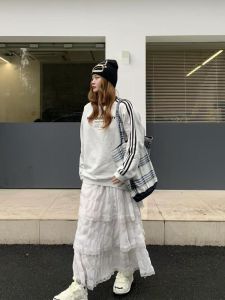 กระโปรงทรงเค้กเอวสูงสีขาว กระโปรงสั้นผู้หญิง ฤดูใบไม้ร่วง 2024 กระโปรงทรงเอ กระโปรงสั้นผู้หญิง กระโปรงสั้นเอวสูง กระโปรงสั้นทรงเอ