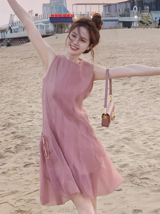 lazada beach dress Korean Pink Chiffon DUOFEIYAN Fashionable Pink Chiffon Summer Dress Philippines Size:17 - XL