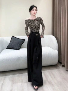 XUECAIQI | Fall Stylish Korean Sophisticated Flattering Off-shoulder Long Sleeve T-shirt and Wide-leg Pants Set