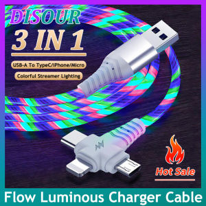DISOUR 3 In 1 Flow Luminous Fast Charging Cable Type-C/Micro USB/Lightning 3in1 LED Glowing Charger Cable Wire For Xiaomi Redmi iPhone Samsung Huawei Oppo Vivo For IOS Android