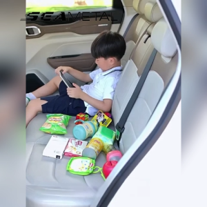 SEAMETAL Car Folding Tray Table PU Leather Surface Portable Dining Desk Storage Pockets Travel Organizer Laptop Tray
