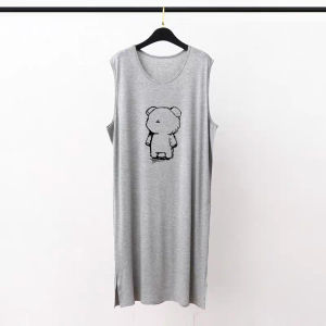 ชุดนอนแขนกุดผ้าฝ้ายลายการ์ตูนฤดูร้อนสำหรับผู้ชาย ชุดเดรสยาวคลุมไหล่ ทรงหลวม ขนาดใหญ่ ไม่มีแขน ชุดนอนแบบสวมหัว ชุดนอนผู้ชาย