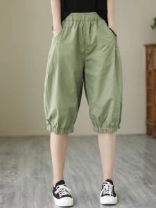 กางเกงขาสั้นผ้าฝ้ายลินินทรงหลวมสำหรับฤดูร้อนปี 2024 กางเกงขายาวทรงฮาเร็มเอวสูงสำหรับคุณแม่ ทรงหลวมสบาย ๆ สำหรับผู้หญิง