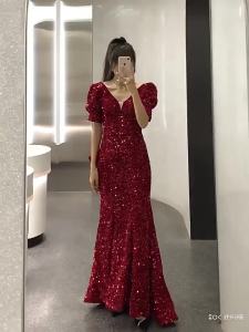 Bridal Wine Toast Dress New Wine Red Bowtail Fish Tail Sequin Evening Gown