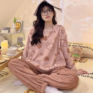Flannel WARM ชุดนอนชุดสตรี PLUS ขนาดนักเรียนชุดนอนสุภาพสตรีหวาน Breathable ลูกเรือคอชุดนอน Loungewear