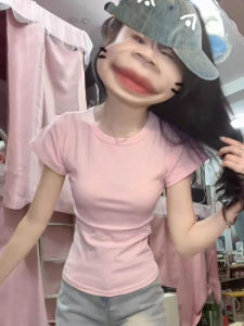 Womens Cotton Short Sleeve T-Shirt Slim Fit Grey Versatile Regular Length Knitted round Neck Top for Small Stature Ladies