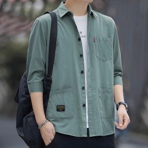 Mens Pure Cotton Seven-Quarter Sleeve Shirt Jacket Lightweight Loose Casual Summer Fashion Urban Style Breathable Moisture-Wicking