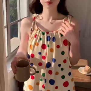 Summer New Woman Sleeping Wear Dress Sweet Thin Sling Pajamas Simple Polka Dot Over The Knee Nightdress with Padded Can Be Worn As Dormitory Home Clothes