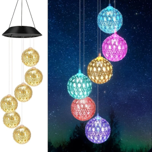 1pc Morocco Ball/Mirror Ball Solar Wind Chime Light Outdoor Garden Waterproof 6LED Hanging Lamp For Home Terrace Courtyard Decor