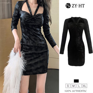 ZYHT（ล้างสต๊อก ใช้คูปอง299บาทขึ้นไป）เดรสผู้หญิง เดรสเซ็กซี่ เดรสไปงานแต่ง เดรสรัดรูป ชุดเสือดาว เดรสกำมะหยี่ เดรสแขนยาว เดรสสีดำ เดรสเกาหลี เดรสออกงาน EraVogue 20006