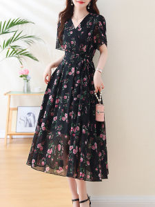 DAIXIANGFEIZI | Floral Chiffon Dress Summer Mom New Design 2026 Waist-Cinching Elegant Short Sleeve Mid-Length
