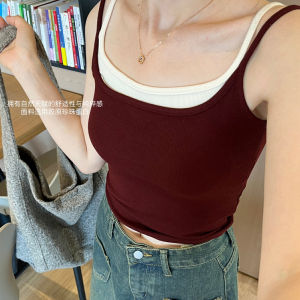 Double Shoulder Strap Color Block Inner And Outer Wear Slim Fit Tank Top with Chest Pad Fashionable Backless Base Shirt
