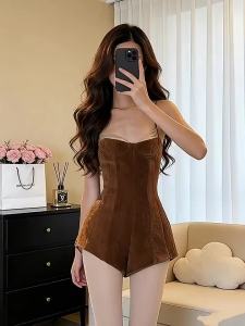 French Spicy Style Corduroy Color Block Dungaree Playsuit