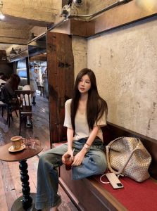 Bộ Quần Áo Denim Cổ Điển TITI STUDIO Minimalist INS Cổ Chữ V Dệt Kim Bộ Váy Hai Mảnh Thời Trang Mùa Hè Cho Nữ