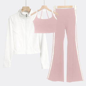 High Waist Yoga Suit Set Womens Loose Dance Bell Bottom Pants Striped Fitness Clothes Long Sleeve Three Piece Workout Outfit