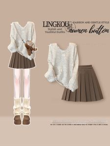 NUMEN BUTTON | Elegant College Style Knitted Sweater and Pleated Skirt Set Large Size For Spring and Autumn