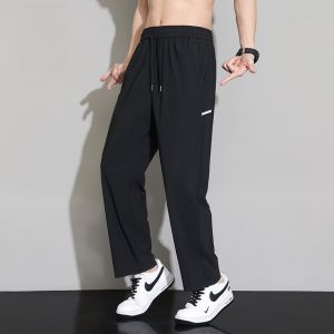 ROMON | Romon Mens Summer Casual Pants Ice Silk Lightweight Loose Fit Air Conditioning Sports Quick Dry Nine Point Breezy Trousers