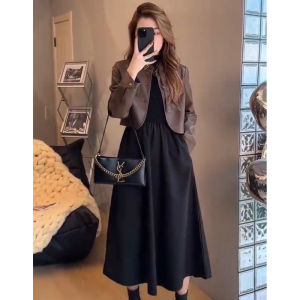 2024 Autumn New Style French Retro Short Leather Jacket Black Dress Set Fashionable Mini Size plus Womens Ensemble