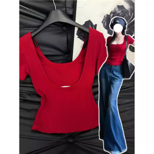 chaqi | Áo thun nữ hở lưng gợi cảm mùa hè mới có đệm ngực màu đỏ Áo vest ôm vừa vặn Áo thun cotton thoáng khí cho nữ