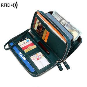 RFID Block Resistant Multifunctional Womens Purse Retro Large Capacity Clutch Bag Double Zipper Long Purse with Wrist Strap
