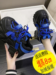 Klein Blue Color Block Dad Shoes Thick Bottom Plush Lined Casual Cotton Shoes Black Inner Lining Cross Buckle Korean Style