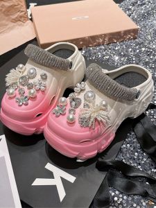 Fashionable Beach Sandals for Women with Thick Base and High Heel Hollow Out Sandals with Rhinestone Embellishments Casual Style