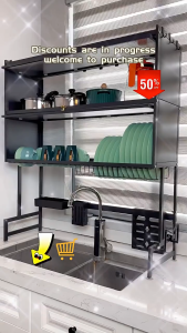 2Layers Metal Dish Cabinet Rack Dustproof Over Sink Rack with Cabinet Door Multi-functional Plate Drying Storage Kitchen Organizer Dustproof Food Safe Storage