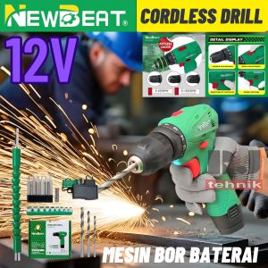 New Beat Cordless Drill 12V Mesin Bor Tangan Baterai Set Toolkit 2 Baterai