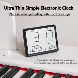 Ultra Thin Simple Electronic Clock LCD Display Multi-Function Temperature and Humidity Alarm Clock Placeable/Hangable Suction Design