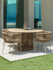 Outdoor round Dining Table Chair Set Aluminum Alloy Wicker Baking Painted No Installation Required Movable Leisure Area Furniture