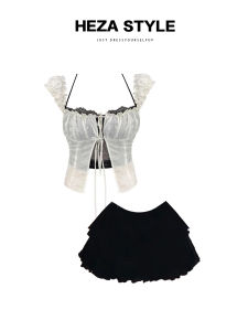 HEZA French Style Spicy Girl Lace Crop Top And Skirt Set Women Summer Checkered Silk Shirt Half Skirt Set High Waist Puffy Skirt