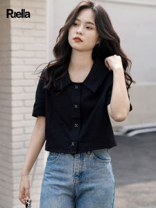 La Chabell Puella Black Color Matching Lapel Short Shirt Womens Summer Stylish Small Short Sleeve Shirt