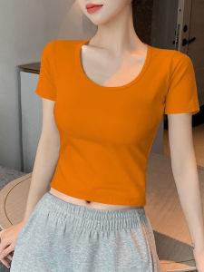 Orange Short Sleeve T-Shirt Women Summer 2025 New High Waist Design Bore Hole Low Collar Top Trendy Cotton Breathable Short Length