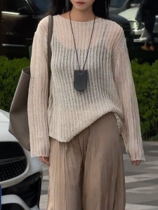 QINGNAER | Laid-back Breathable Long Sleeve Knitted Top
