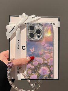 iPhone 16 pro Max Phone Case Spring New Fairy Style Pink Butterfly Rose Bush Full Cover Lens Protection Womens Model 14 pro 13 High Art Feeling Oil Painting