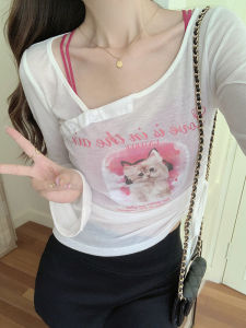 Sweet Spicy Girl Ins Cat Letter Print Long Sleeve T-Shirt Women Early Autumn New Style Layered Pure Desire Strap Top Set Polyester Fiber