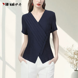 Slimming Short Sleeve V-Neck Chiffon Shirt Womens Business Style Waist-Cinching Top Elegant Commute Pleated Summer 2024