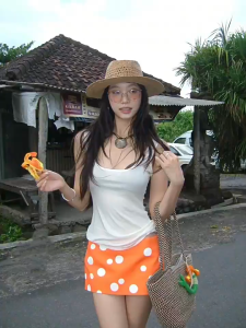 ❣Fortunee ❣ กระโปรงสั้นเอวต่ำไม่สมมาตร ลายจุดสีส้ม สไตล์ฤดูร้อน ทรงเข้ารูปโชว์เรียวขา