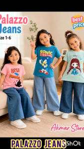 PALAZZO JEANS SETS BUDAK PEREMPUAN GIRLS JEANS PALAZZO SELUAR PALAZZO SIZE 1-6 T-SHIRT BUDAK JEANS BUDAK PEREMPUAN