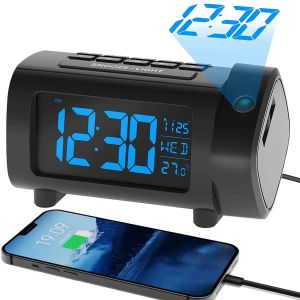 2025 Radio Projection Alarm Clock Digital Alarm Clock Bedroom Temperature Monitor 4-Level Dimmer 12/24H Table Mute Alarm Clock