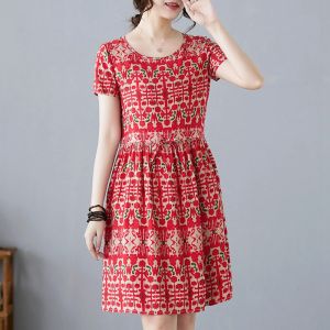Fashionable Cotton Silk Dress for Summer Outdoors Floral Printed Loose Fit Casual Style Ideal for Middle-Aged Women