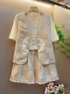 New Summer 2025 Folk Style Womens Three-piece Set Fashionable Short-sleeved Vest And Short Pants Anti-wrinkle Medium Weight