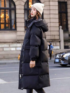 Black Thickened Winter down Jacket Womens Knee-Length Bread Style Cotton Coat Fashionable Outerwear Long Sleeve Hooded