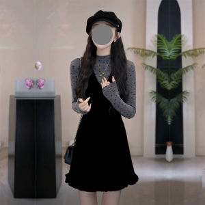 Black Velvet Sleeveless Slim Fit A-Line Dress Womens Vest Dress Waist-Cinching Mid-Length Korean Style Polyester Fiber