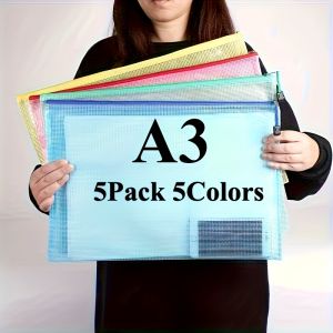 5-Pack A3 Oversize PVC Zippered Waterproof Project FoldersColor Coded Document Storage Bags Multi-Purpose Artwork & Organizers