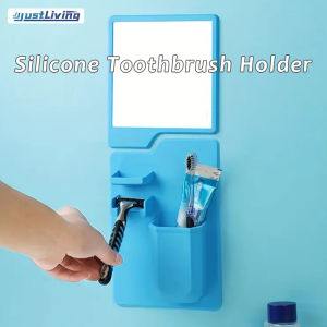 JustLiving 1Set Toothbrush and Razor Holder Removable Silicone Toiletry Organizer Toothbrush Organizer Razor Holder with Mirrors Bathroom Storage Rack Reusable Silicone Shower Bathroom Accessories