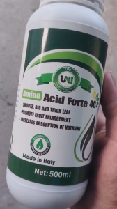 Chai 500ml chứa OM 40% Amino Acid 37% lá to dày bóng lớn trái đều và đẹp siêu bổ dưỡng có trong phân bón hữu cơ Amino Acid Forte sản phẩm đến từ Ý