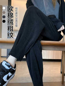 กางเกงวอร์มผ้าคอร์ดูรอยสีดำทรงหลวมสำหรับผู้หญิง กางเกงขายาวทรงขากระบอกทรงสลิมฟิต กางเกงขายาวทรงฮาราจูกุสำหรับฤดูใบไม้ผลิและฤดูใบไม้ร่วง