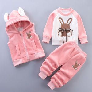 Winter New Fashionable Fleece Lined Hooded Baby Boys Girls Three Piece Set Cute Sportswear for Small Kids Toddler Warm Outfit
